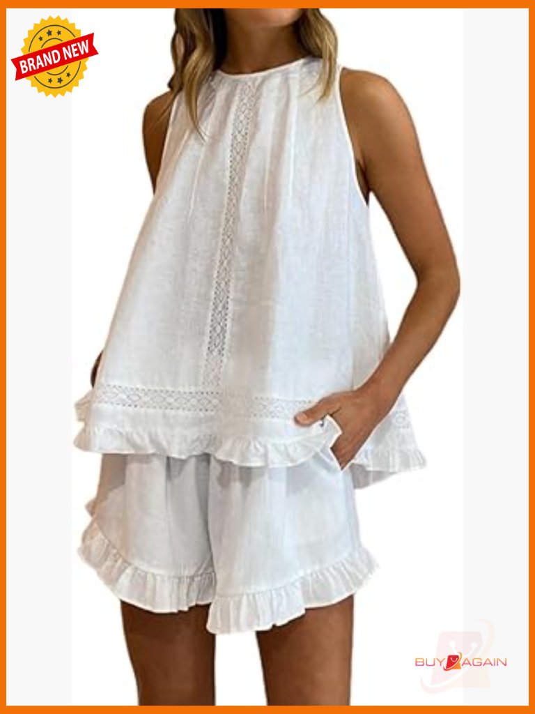 Women's Cotton Sleeveless Ruffle Short Set 2 Piece Lounge Pajama